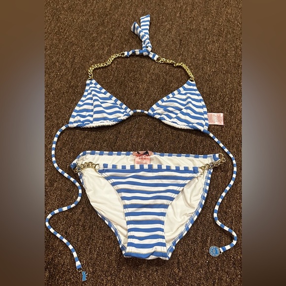 JUICY COUTURE WOMENS BLUE STRIPED BIKINI SWIMSUIT SIZE SMALL SEXY - Picture 1 of 6